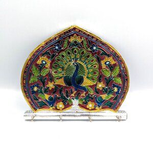 Meenakari Peacock Key Ring Holder 4 Hook Metal Enamel Hammered Colorful Bohemian